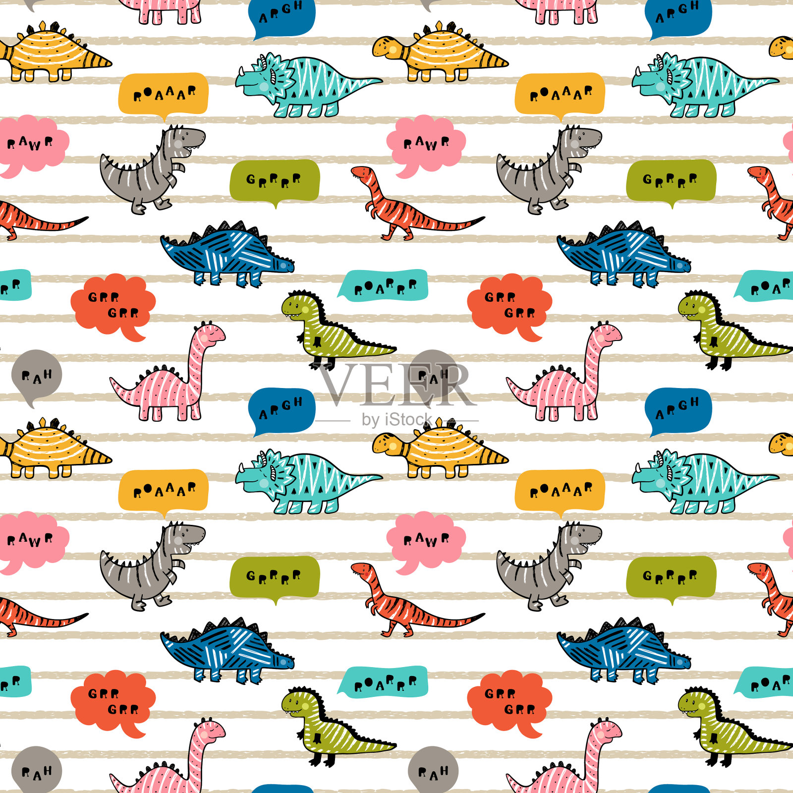 卡通可爱的恐龙与语音气泡矢量无缝模式的儿童。幼稚的背景与涂鸦条纹恐龙和思想泡泡。动物矢量图。为孩子设计插画图片素材