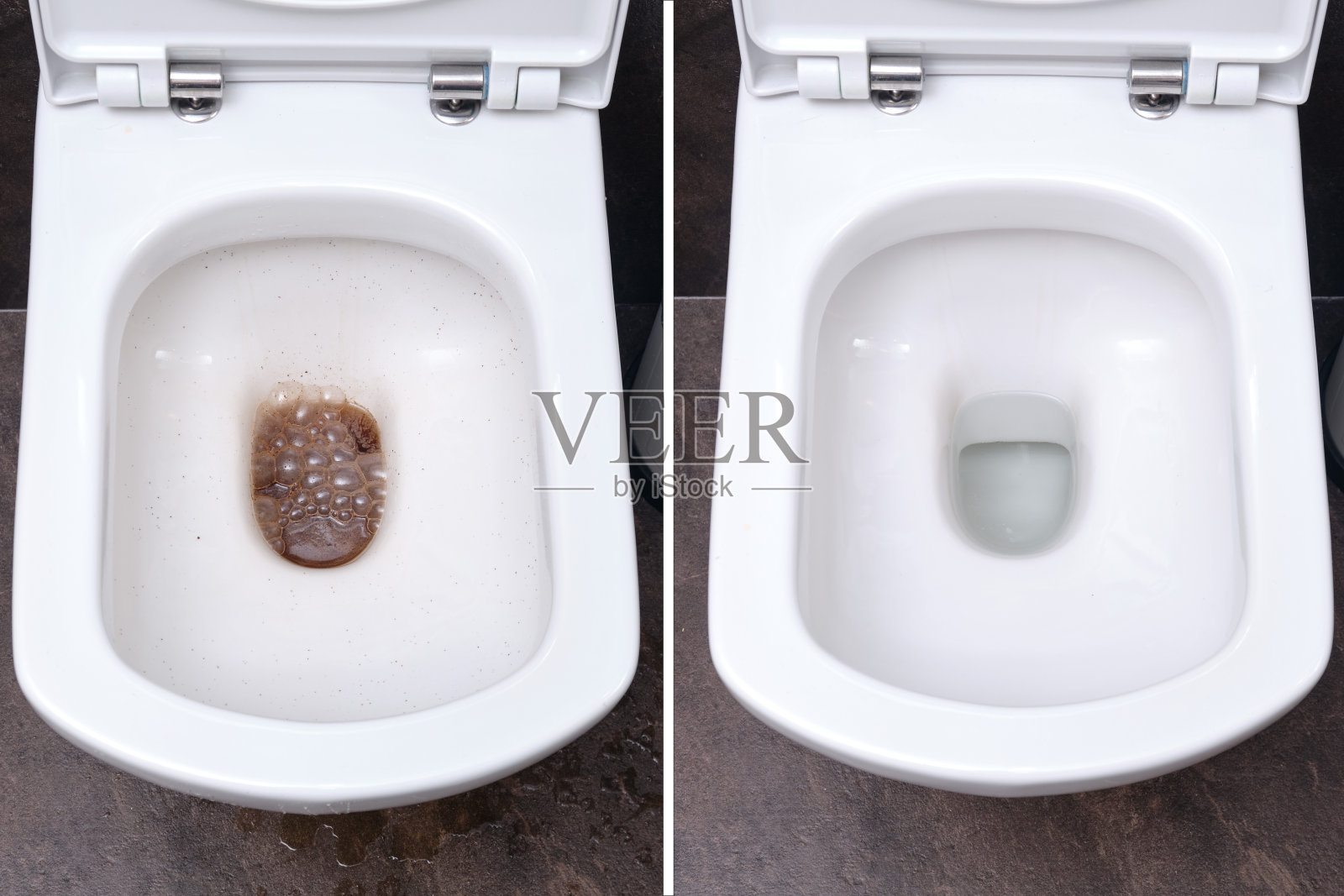 厕所在卫生间前和后的堵塞清洗，厕所的脏和干净的马桶照片摄影图片