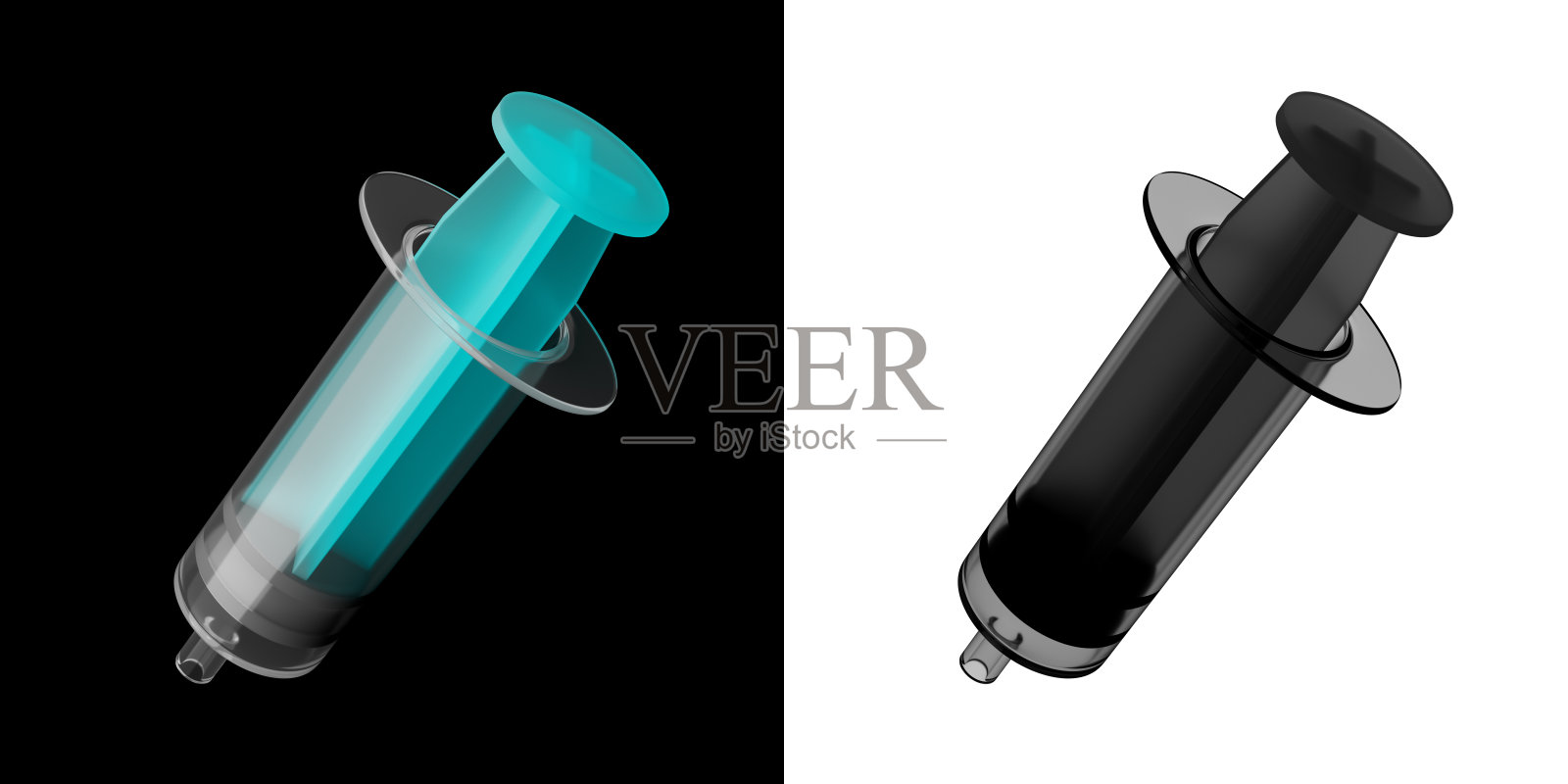 医药塑料注射器正面视图上的黑色背景。3d渲染图与倒置阿尔法层。照片摄影图片