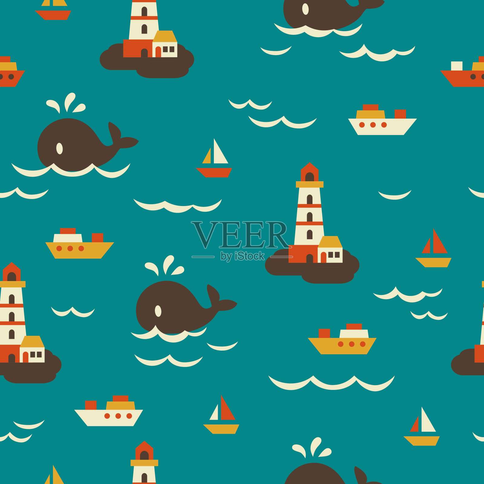 海洋生物和灯塔矢量图形插图无缝模式插画图片素材