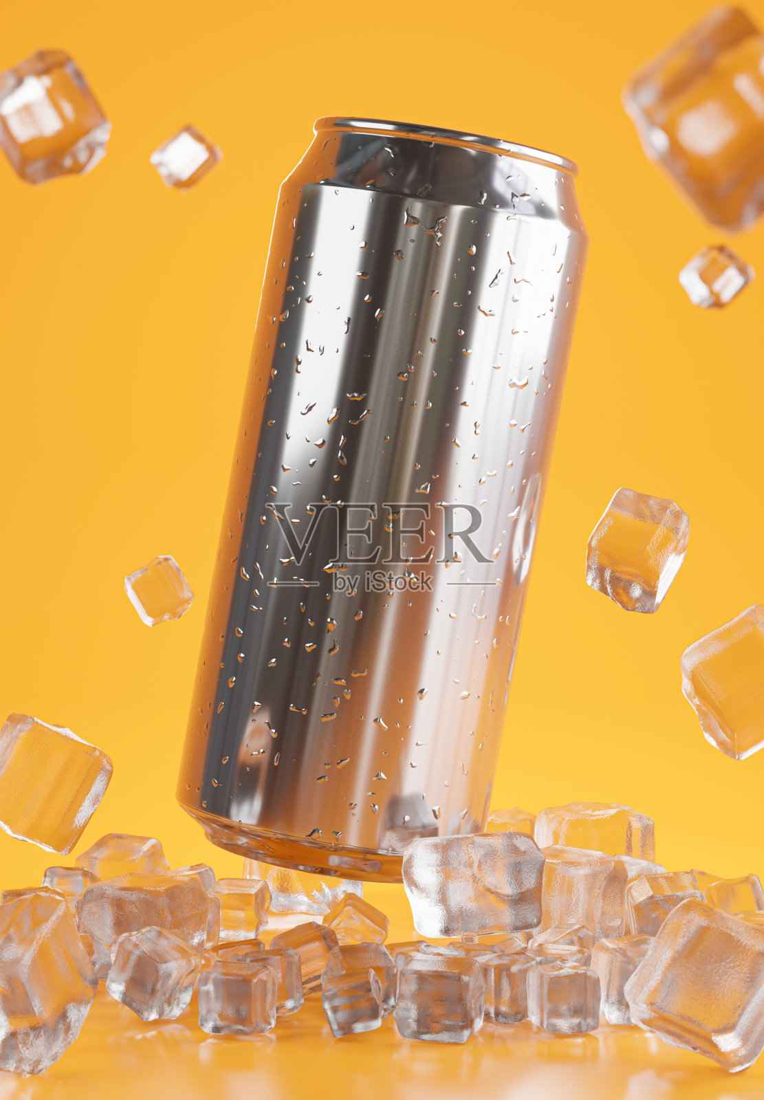3d渲染饮料罐与冰块的产品显示照片摄影图片