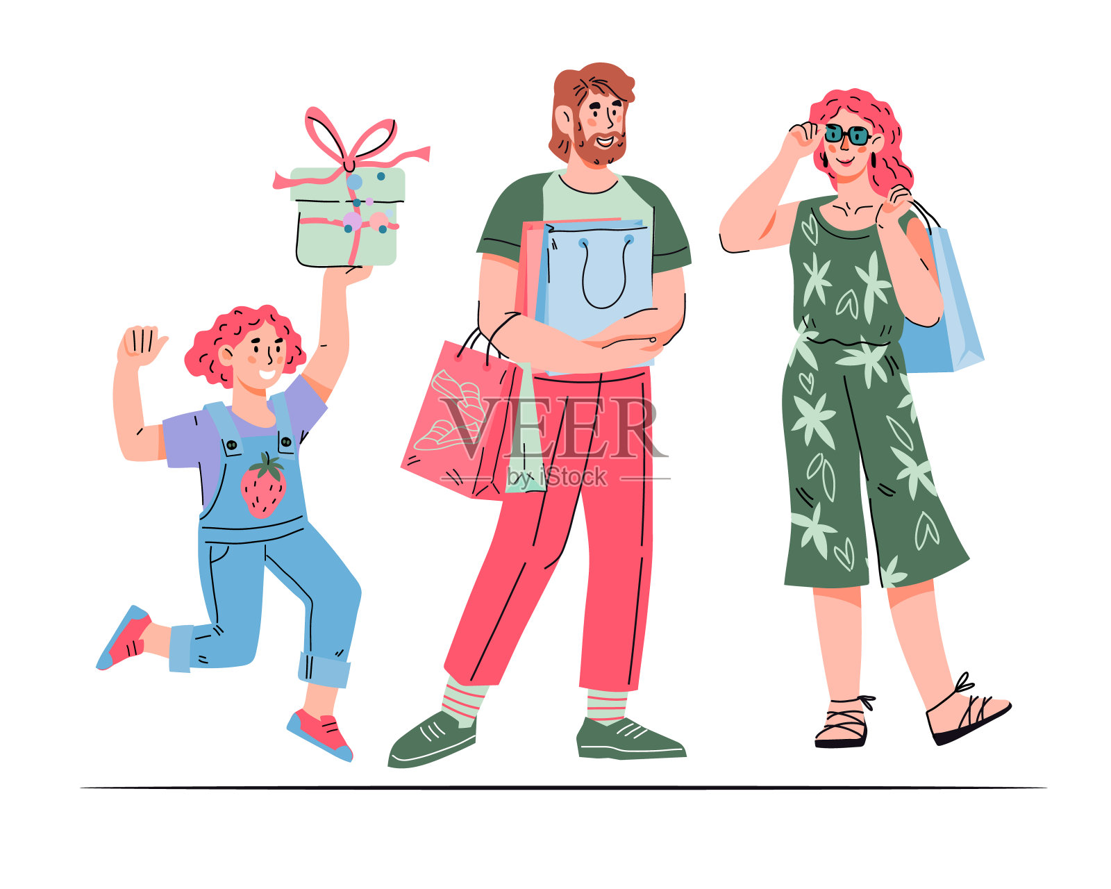 幸福家庭和孩子购物，卡通矢量插图孤立。插画图片素材