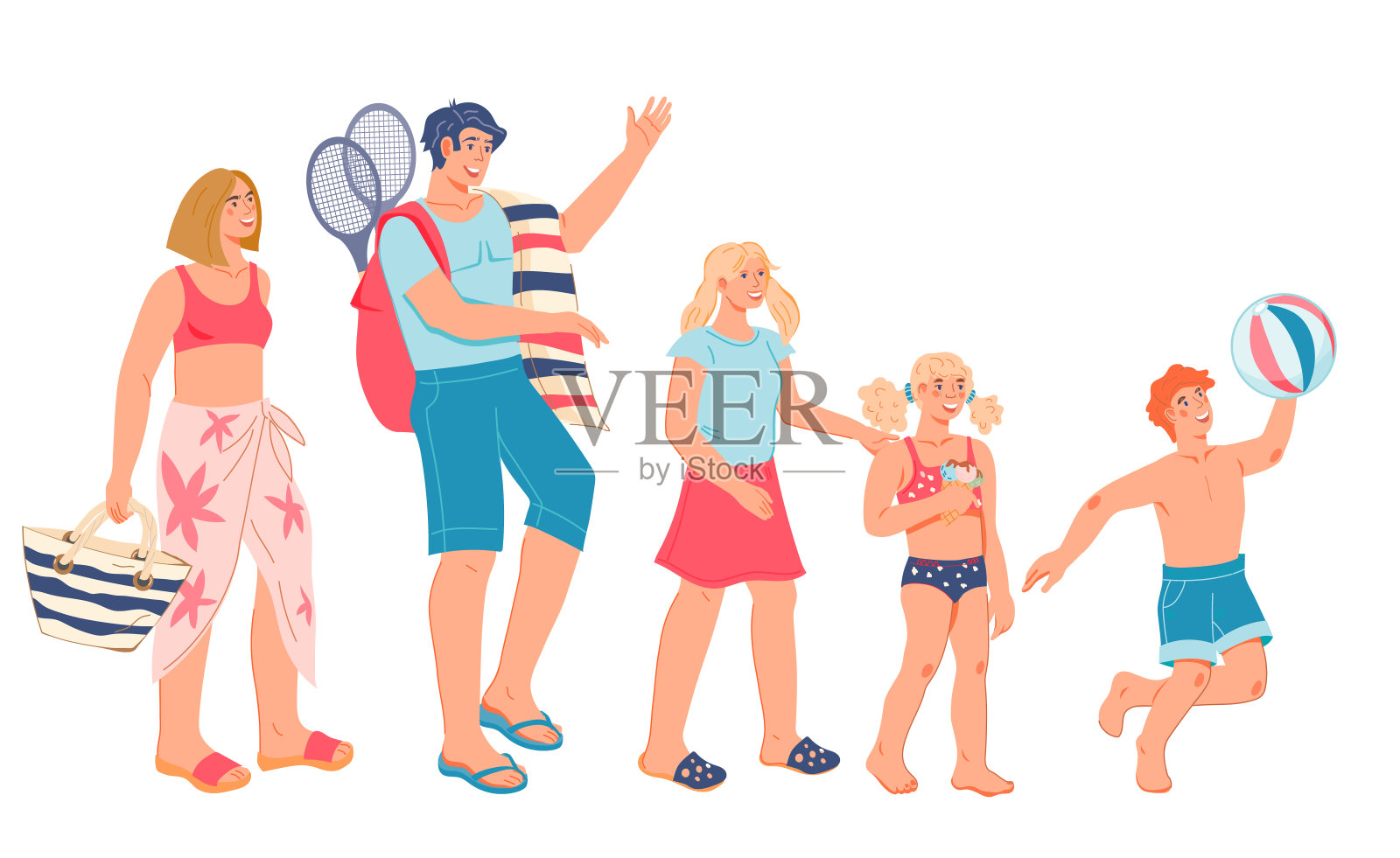 幸福的家庭，父母和孩子在海边度假，平矢隔离。插画图片素材