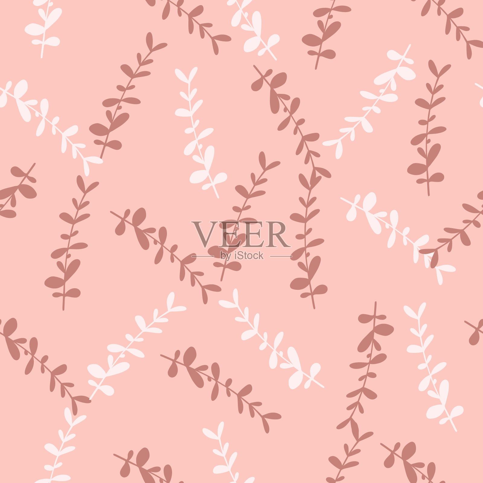 桉叶分枝不规则，无缝隙格局。手绘植物风格。粉色柔和的背景。插画图片素材