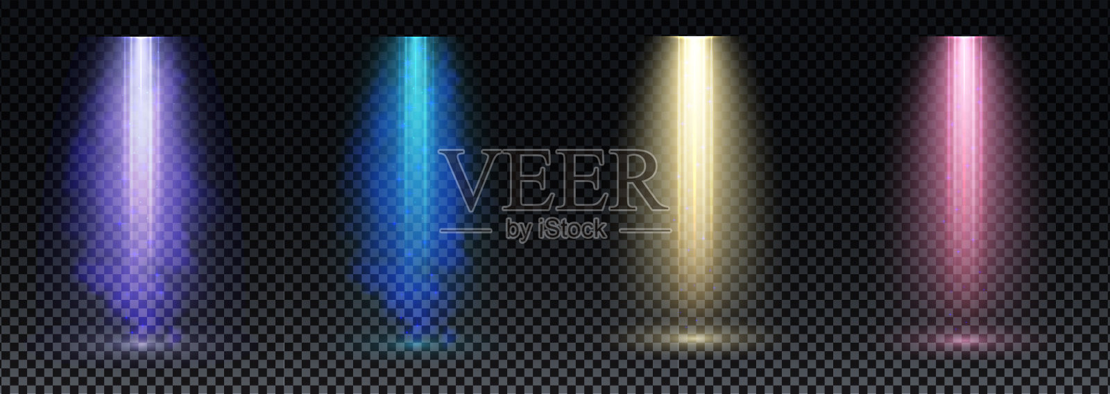 一套金色，紫色和蓝色聚光灯。明亮的灯光与聚光灯的舞台上透明的背景插画图片素材