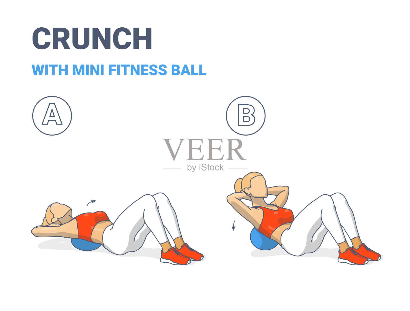 女孩做紧缩运动与迷你健身球指导说明。女性球体紧缩概念插画图片素材