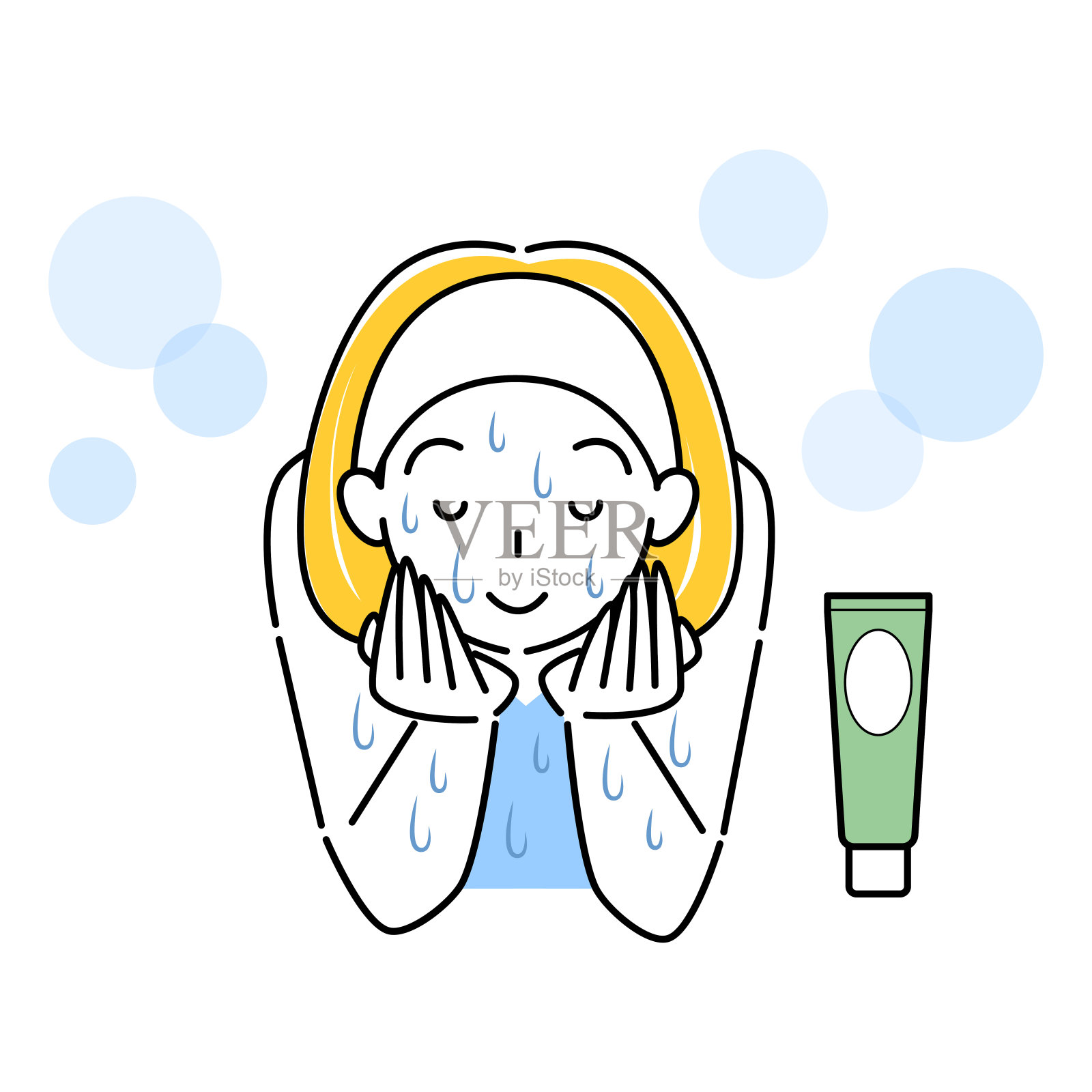 使用洗面奶的护肤女性正在洗掉泥膜，简单的矢量护肤插画。一个正在洗脸的女人。我正在洗掉泥膜。简单插画。矢量插画图片素材