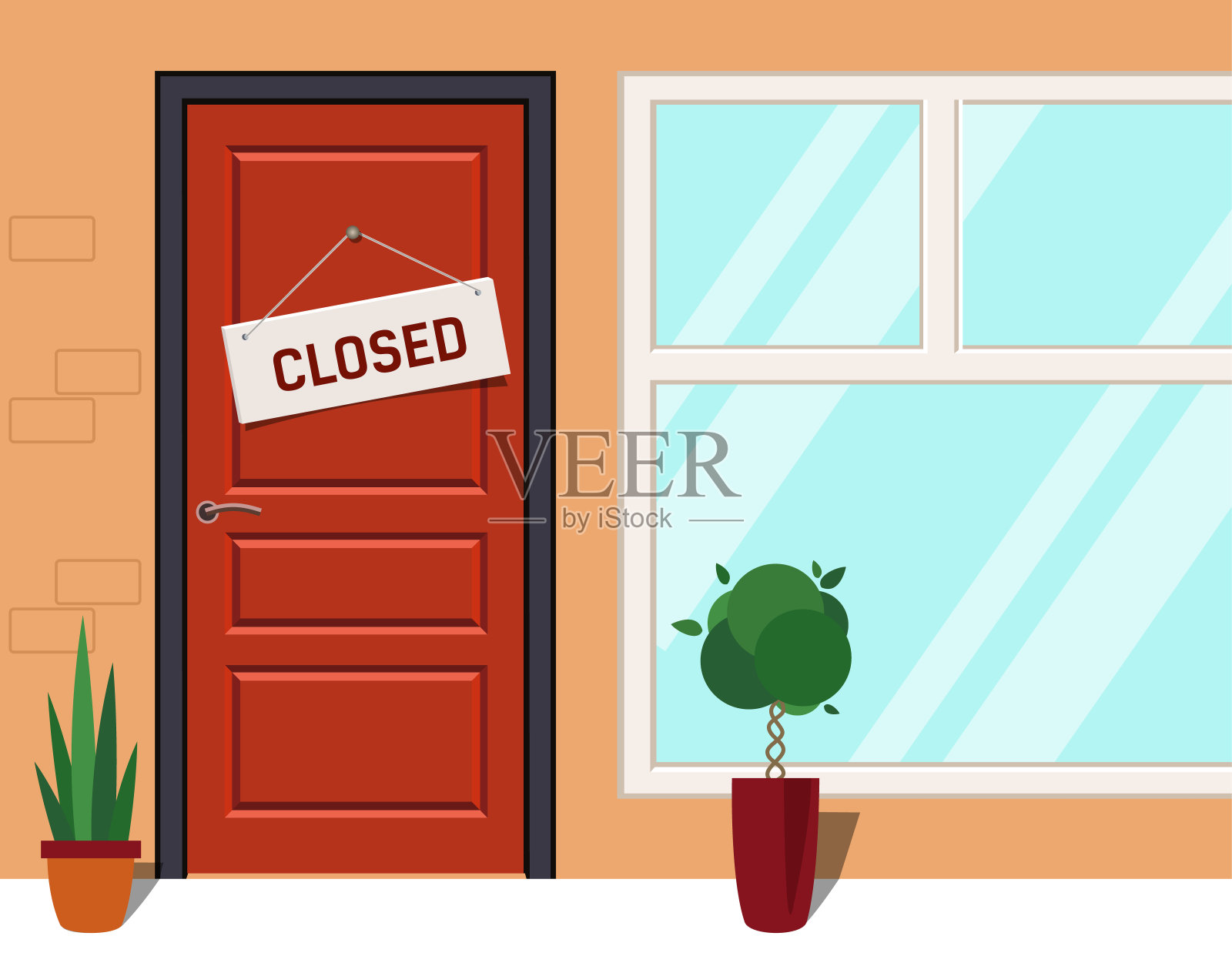 红色门上的关门标志。有“关门”标志的商店。插画图片素材