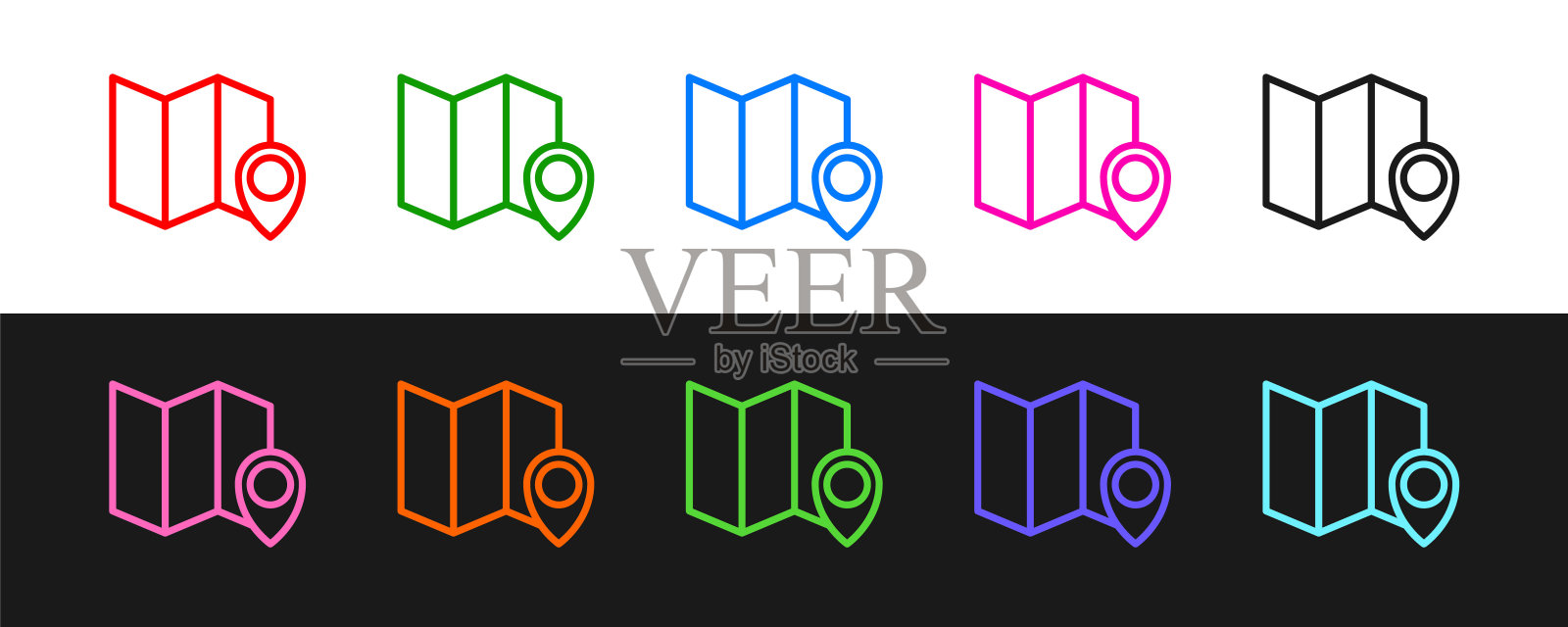 设置线折叠地图与位置标记图标隔离在黑色和白色的背景。向量图标素材