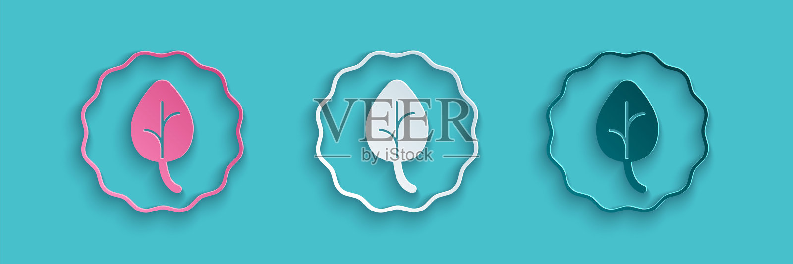 剪纸叶子图标孤立剪纸背景。叶子的迹象。新鲜天然的产品标志。纸艺术风格。向量插画图片素材