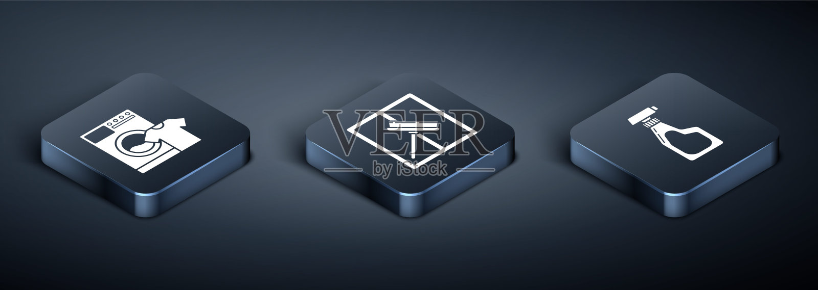 设置等距洗衣机和t恤，清洁喷雾瓶与清洁剂液体和橡胶刮板，刮板，雨刷图标。向量插画图片素材