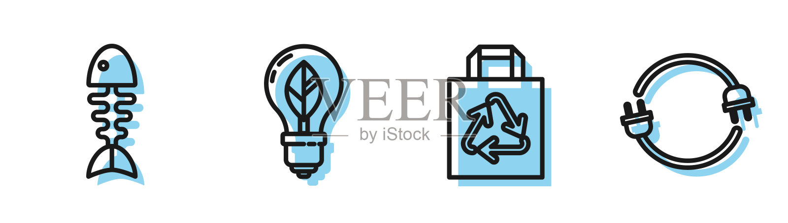 带回收物的纸袋，鱼骨架，带叶子的灯泡和电插头图标。向量插画图片素材