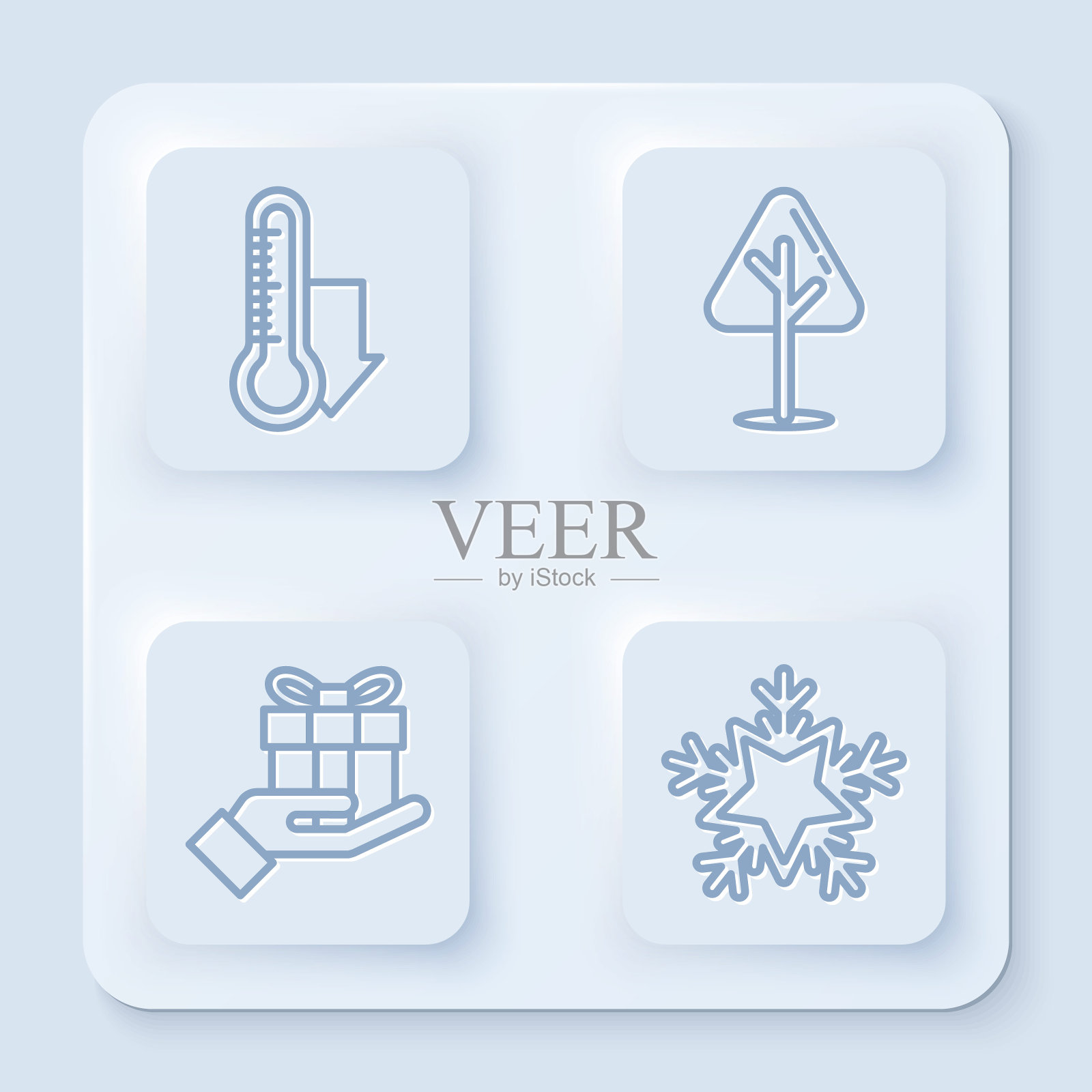 设气象测温仪、圣诞树、手捧礼盒及雪花。白色正方形按钮。向量图标素材