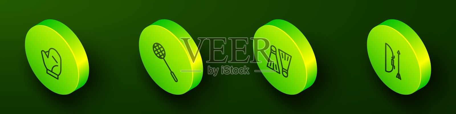 设置等距线棒球手套，网球拍，橡胶鳍游泳和弓和箭箭箭箭图标。向量图标素材