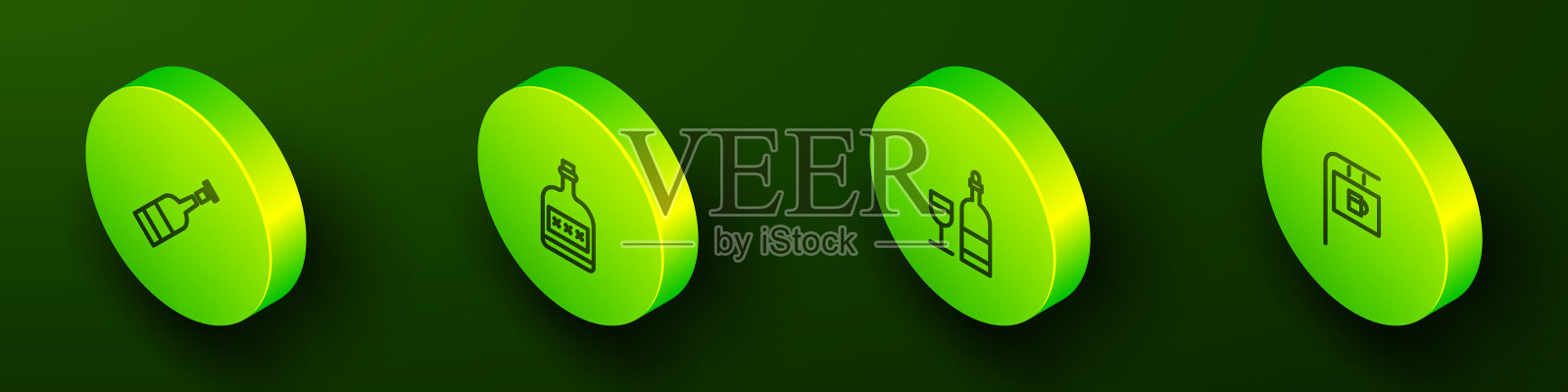 设置等距线开瓶葡萄酒，酒精饮料朗姆酒，葡萄酒与玻璃和街道招牌酒吧图标。向量图标素材