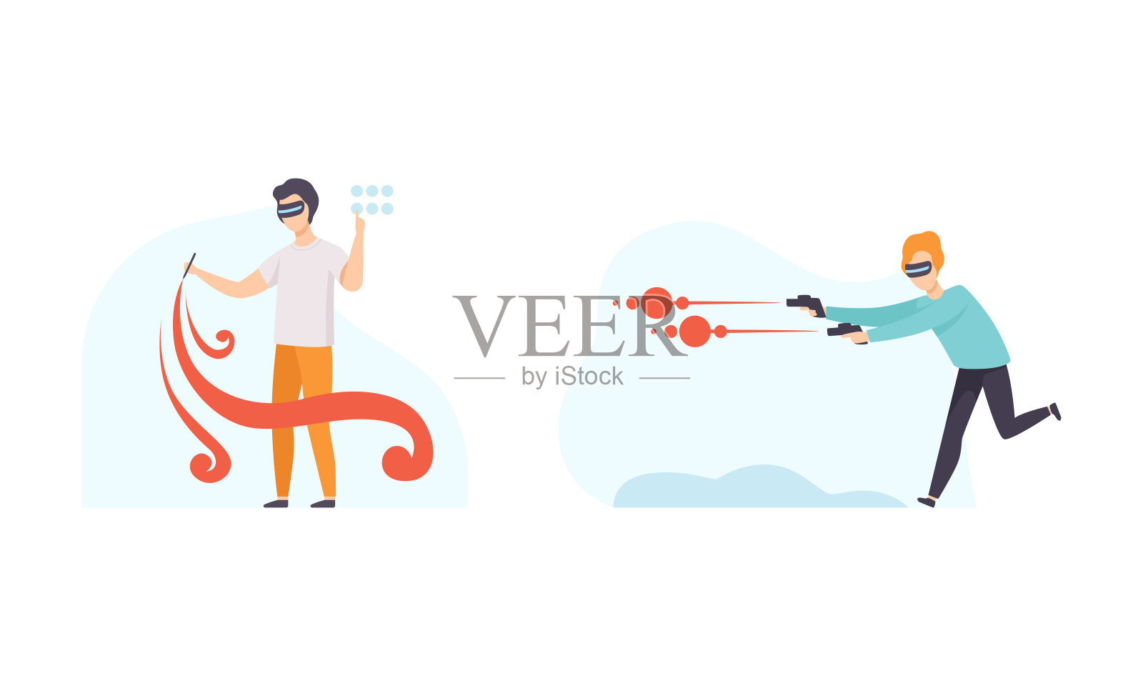 人们使用虚拟现实技术设置，男性和女性角色绘画和射击与枪戴Vr眼镜平面矢量插图插画图片素材