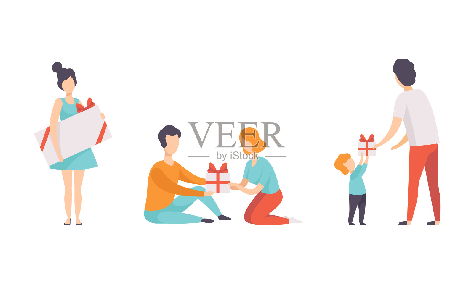 人们庆祝节日设置，他们赠送礼物和在生日派对上有乐趣平面矢量插图插画图片素材