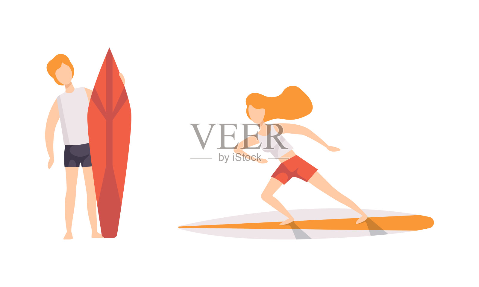 一组人在海冲浪，男和女冲浪者在海滩穿着表演休闲户外活动在海滩平面矢量插图插画图片素材