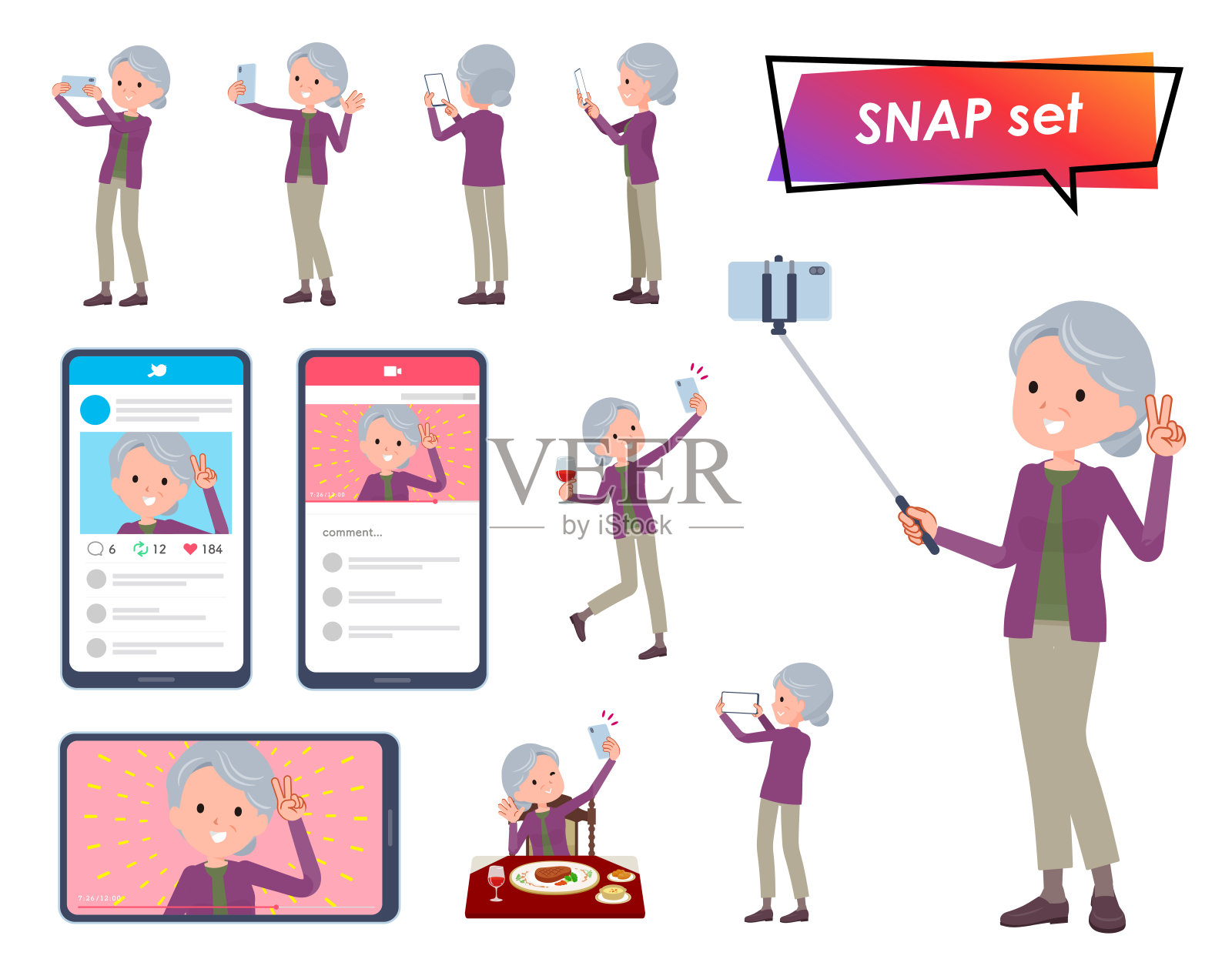 平的类型紫色的衣服奶奶移动相机插画图片素材