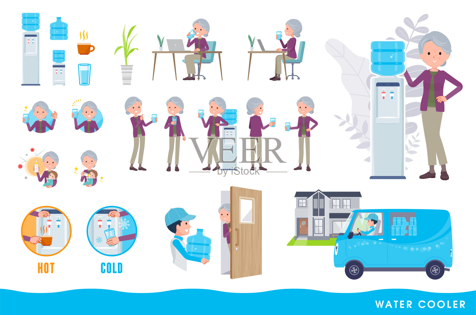 平的类型紫色的衣服奶奶水冷却器插画图片素材