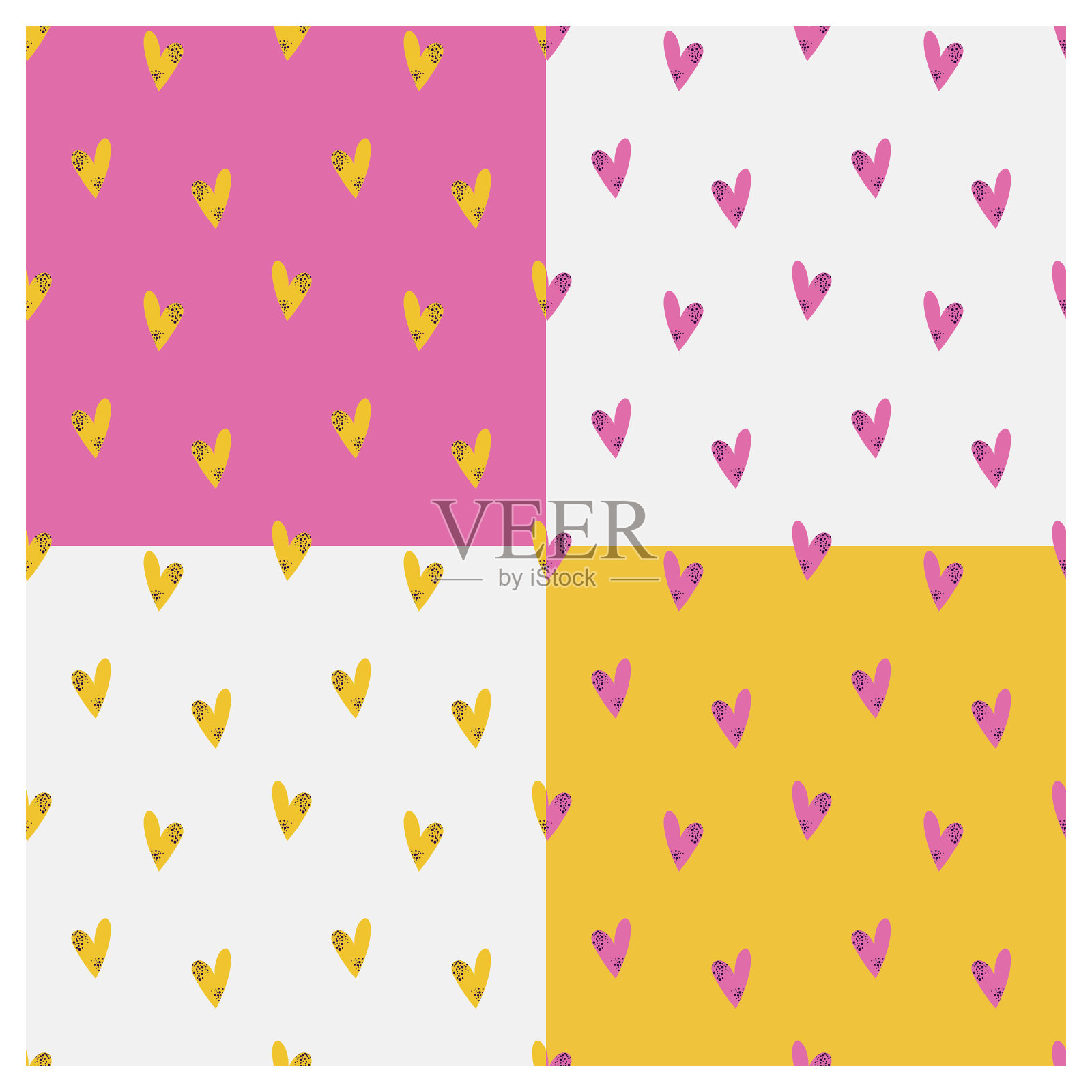 矢量集无缝明亮的模式与粉红色和黄色斑点的心在一个彩色的背景。插画图片素材