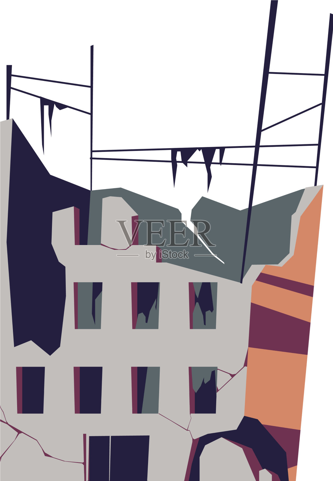 被毁的建筑被毁的结构卡通插画图片素材