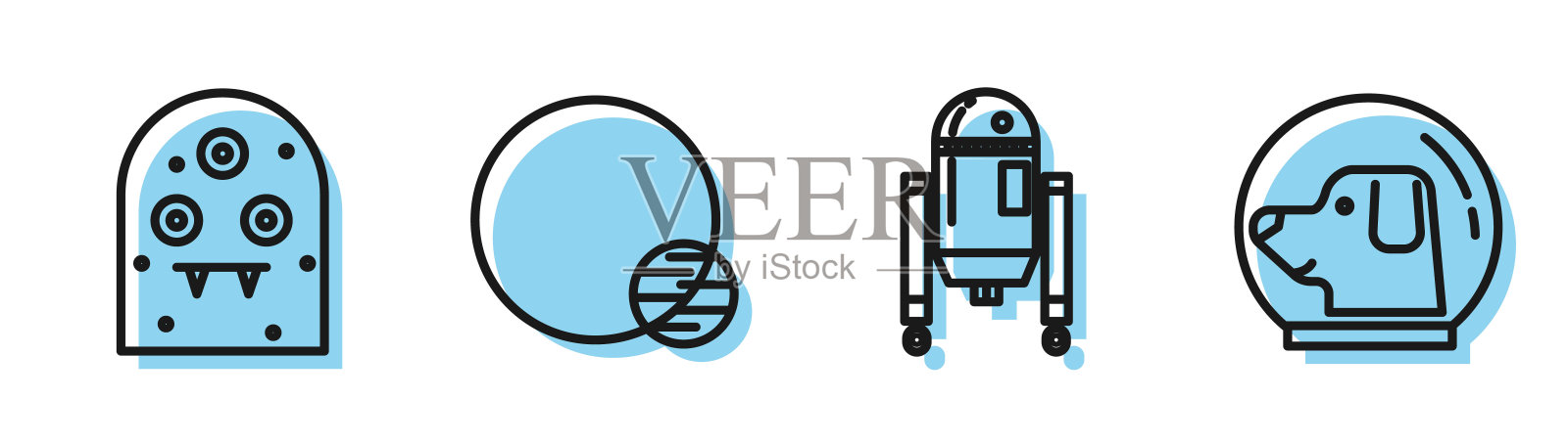 设定线机器人，外星人，行星和狗在宇航员头盔图标。向量插画图片素材