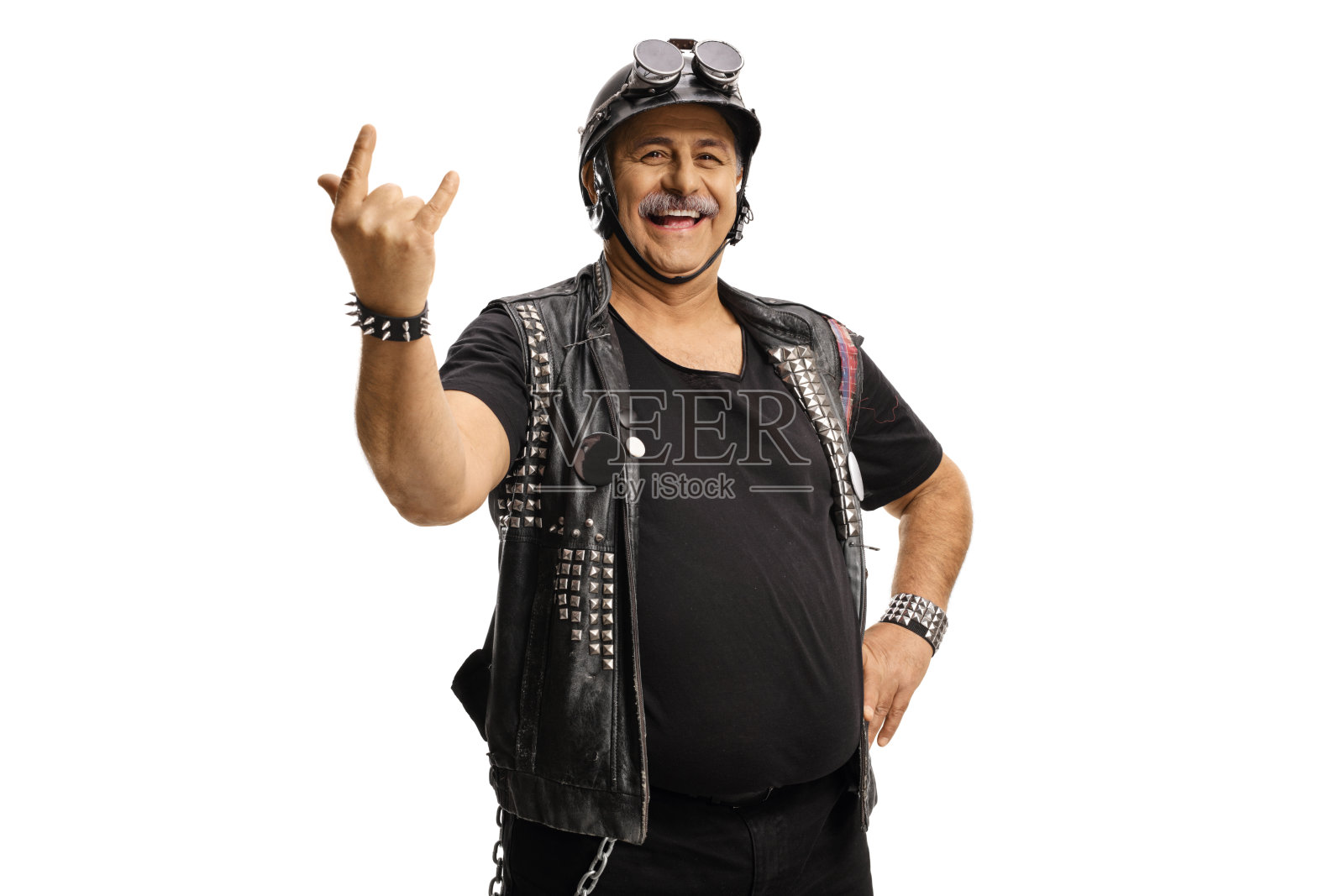 穿着皮背心做出摇滚手势的年长骑行者照片摄影图片