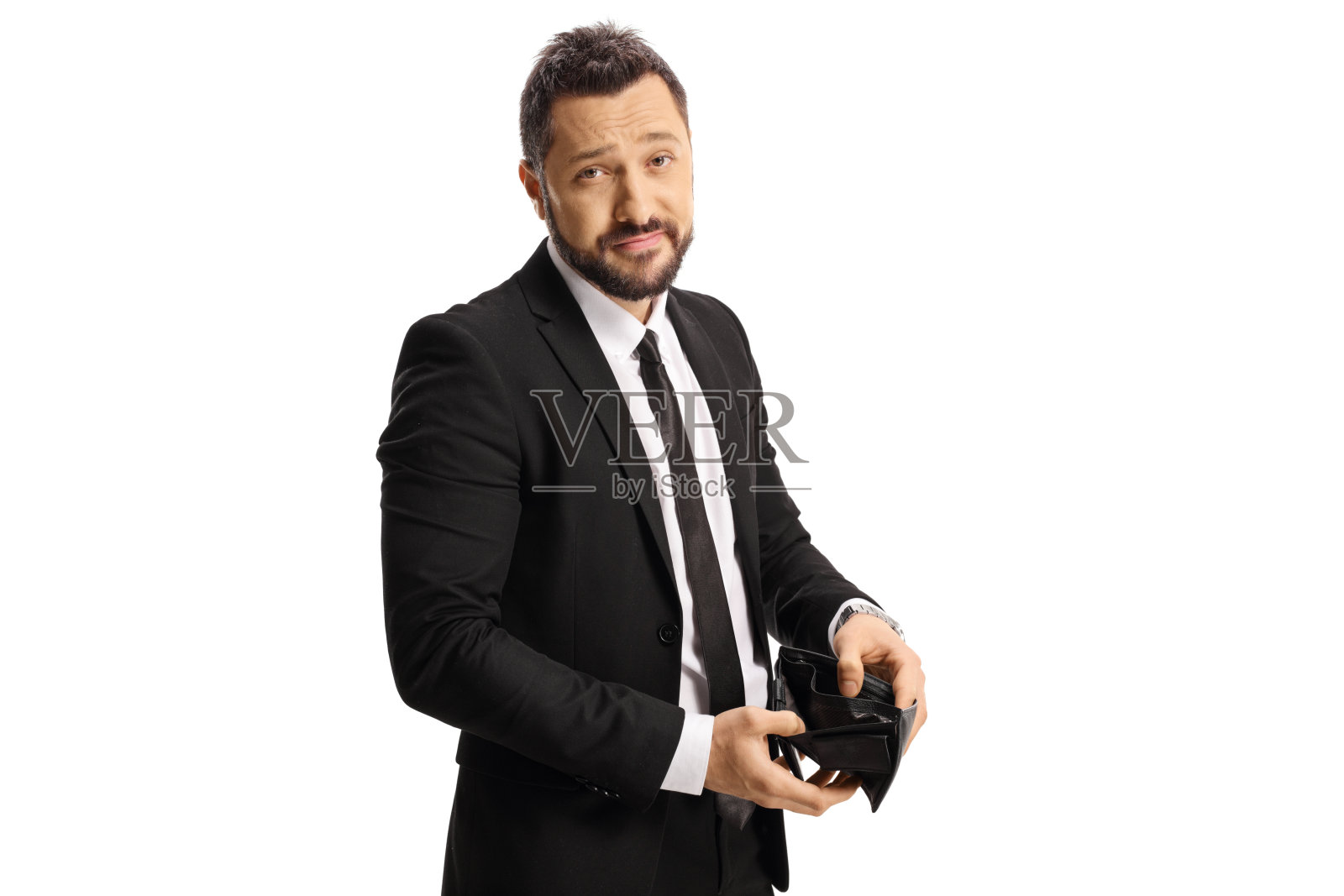 悲伤的商人展示他的空钱包照片摄影图片