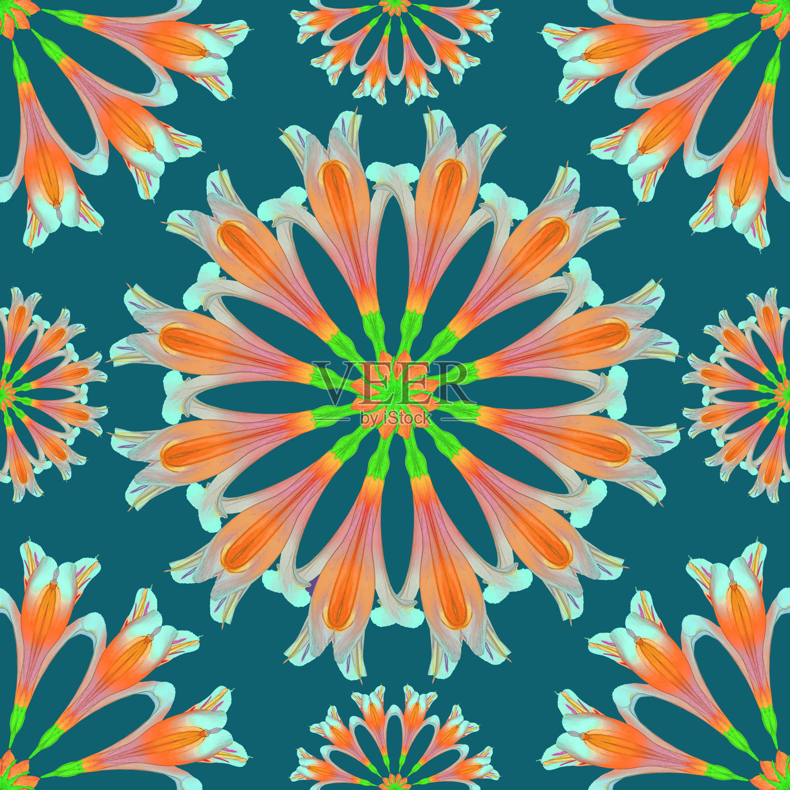 连续复制的无缝模式。花卉背景，照片拼贴制作的纺织品，棉织品。用于墙纸，封面。东方风格的曼荼罗绘画。照片摄影图片