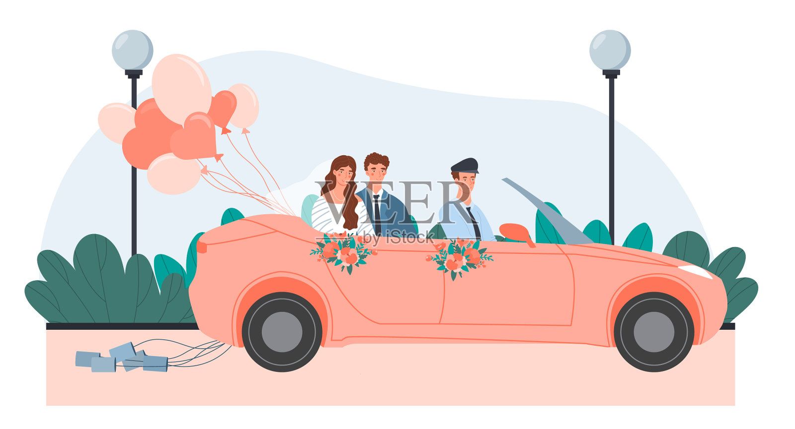 一对新婚夫妇在一辆粉色的敞篷车里设计元素图片