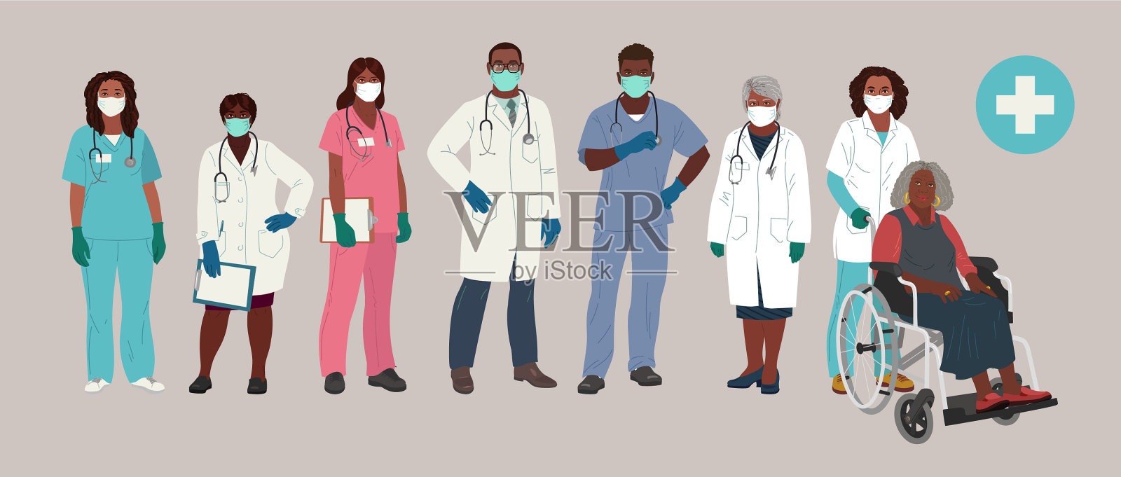 非裔美国医生和护士戴着脸插画图片素材