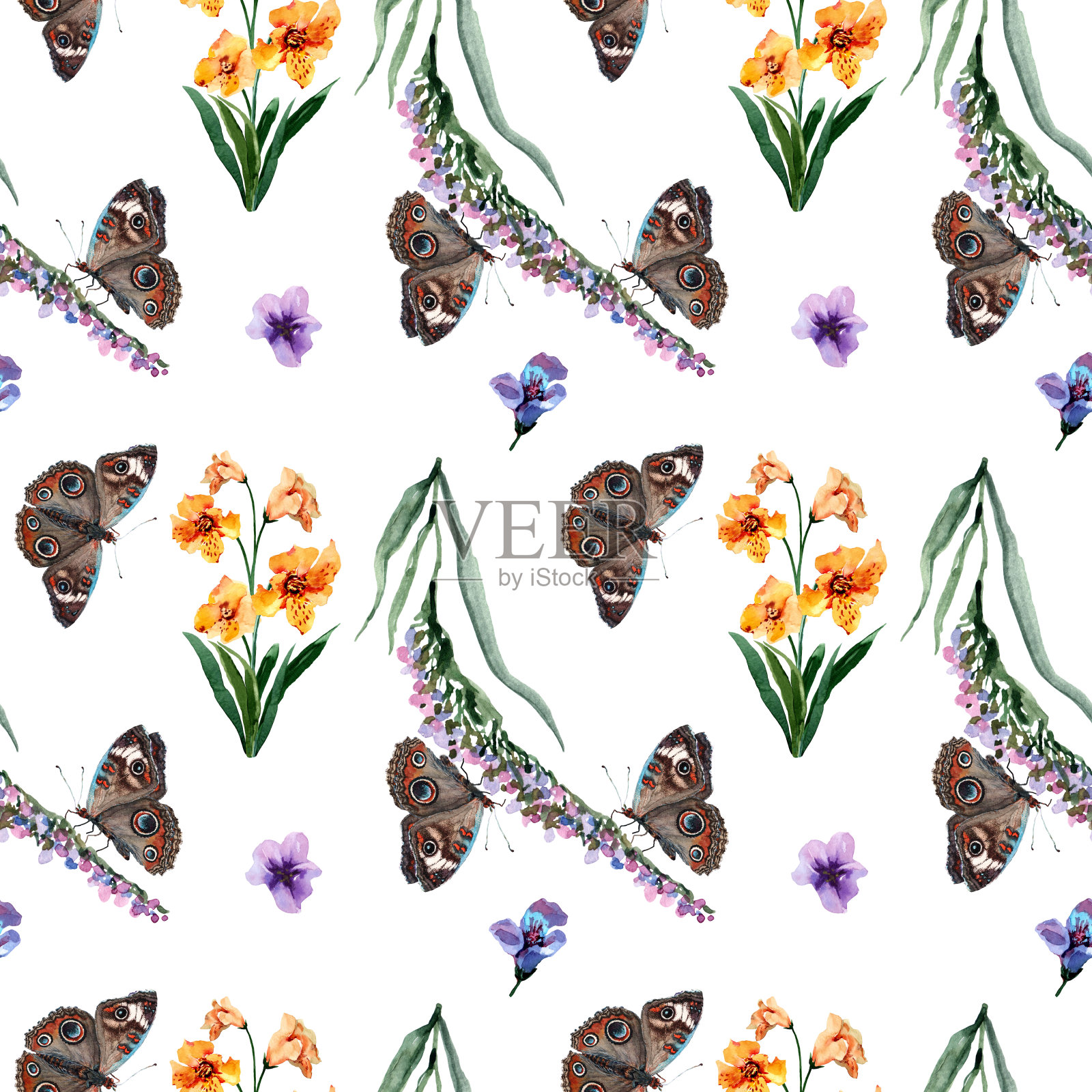 薰衣草，勿忘我，三色堇，花蕾，香草，蝴蝶的无缝图案。手绘水彩画在白色的背景。插画图片素材