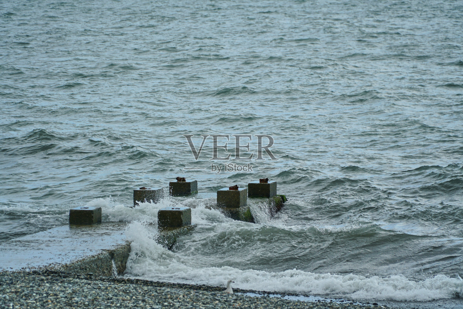 海边的石头海滩。海滩上没有人。灰蓝色的天空。柔软的云。照片摄影图片