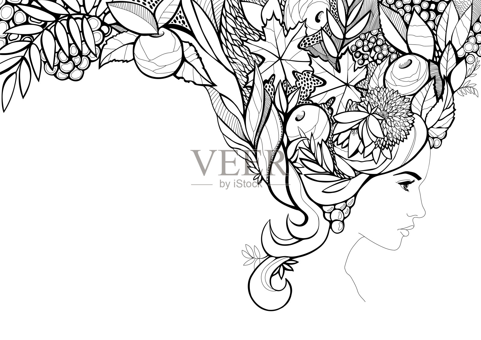 用树叶、浆果和水果做头发的女人。插画图片素材