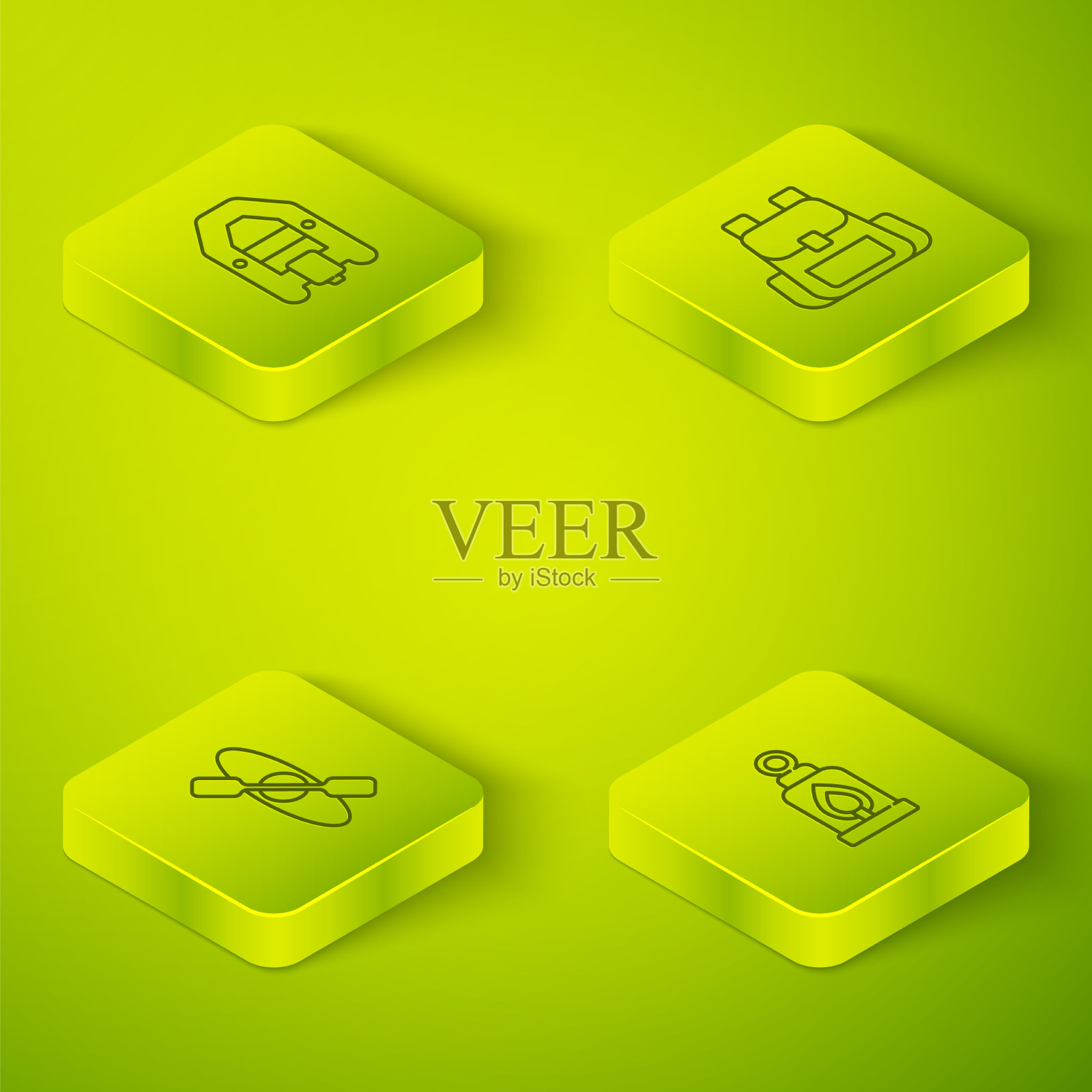 设置等距线徒步背包皮艇或独木舟图标素材