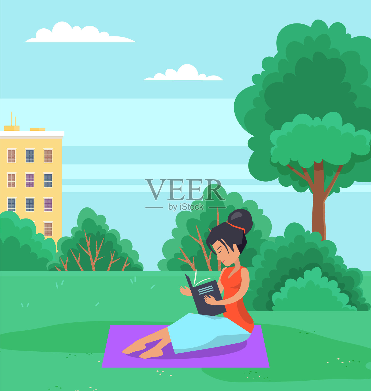 一个女人坐在公园的草地上看书。女孩花时间在户外矢量插图插画图片素材