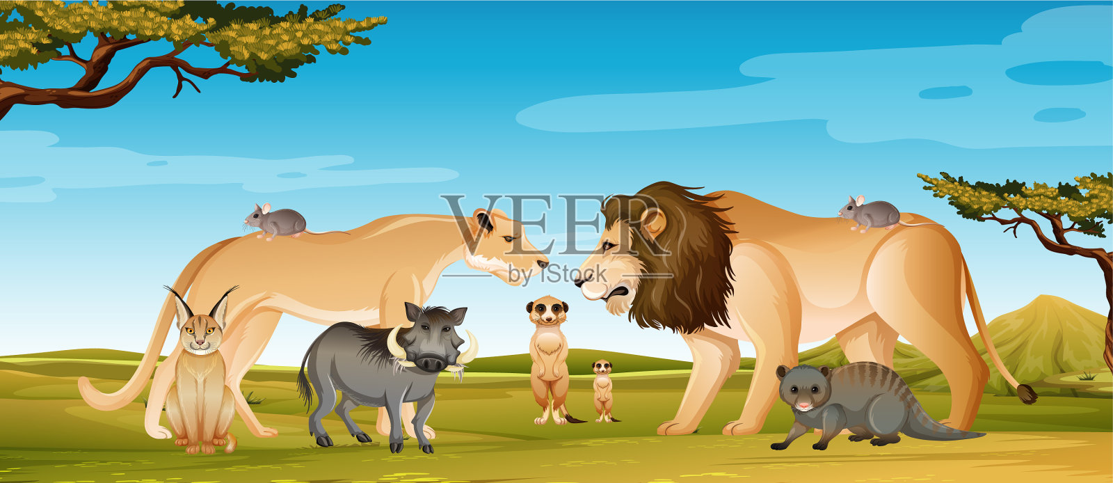 群野生非洲动物在森林场景插画图片素材