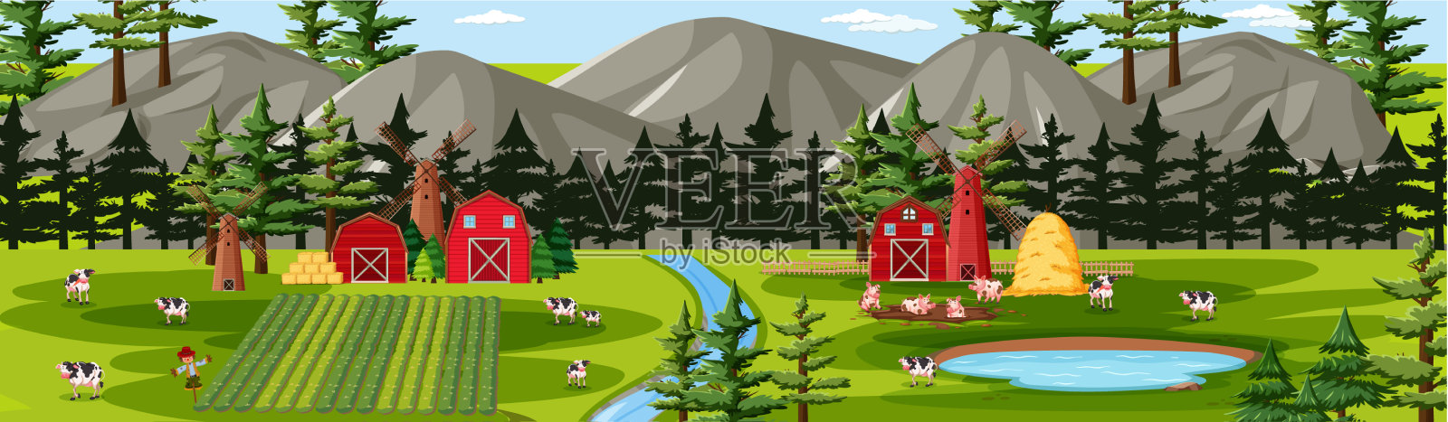 农场自然与谷仓景观景色插画图片素材