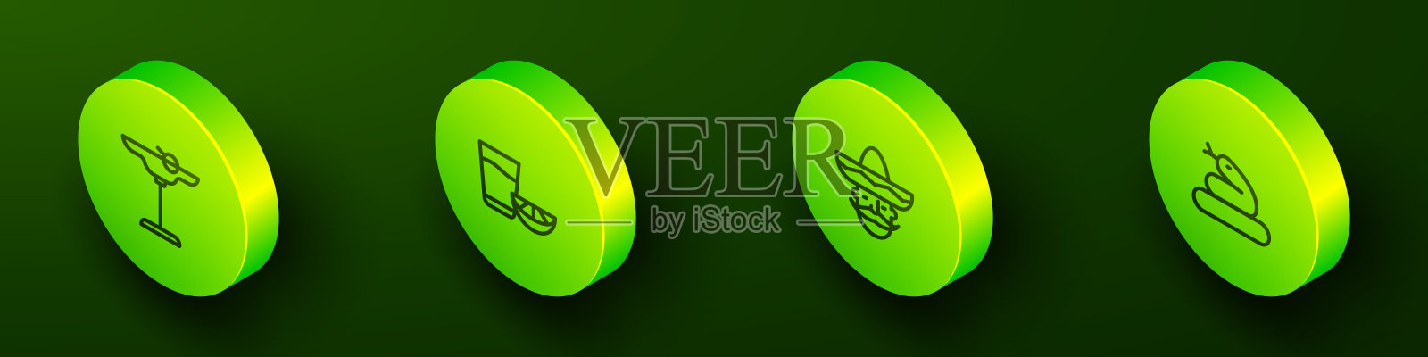 设定等距线玛格丽塔鸡尾酒，龙舌兰杯与柠檬，墨西哥男子宽边帽和蛇图标。向量设计元素图片