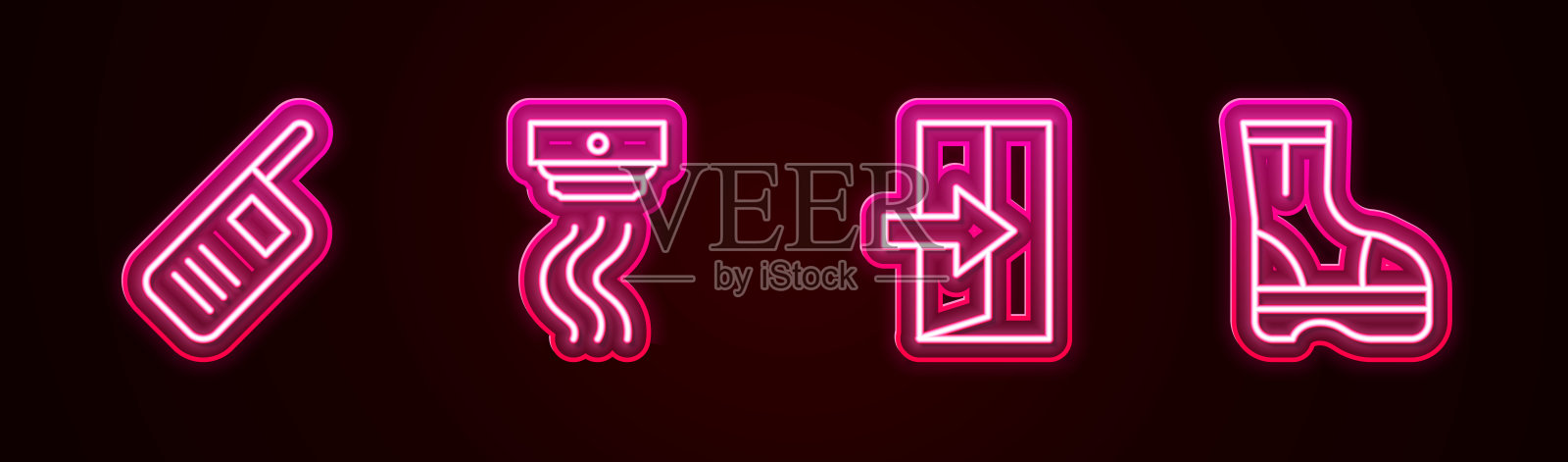 设置对讲机，烟雾报警系统，消防出口和消防靴。发光的霓虹灯图标。向量插画图片素材