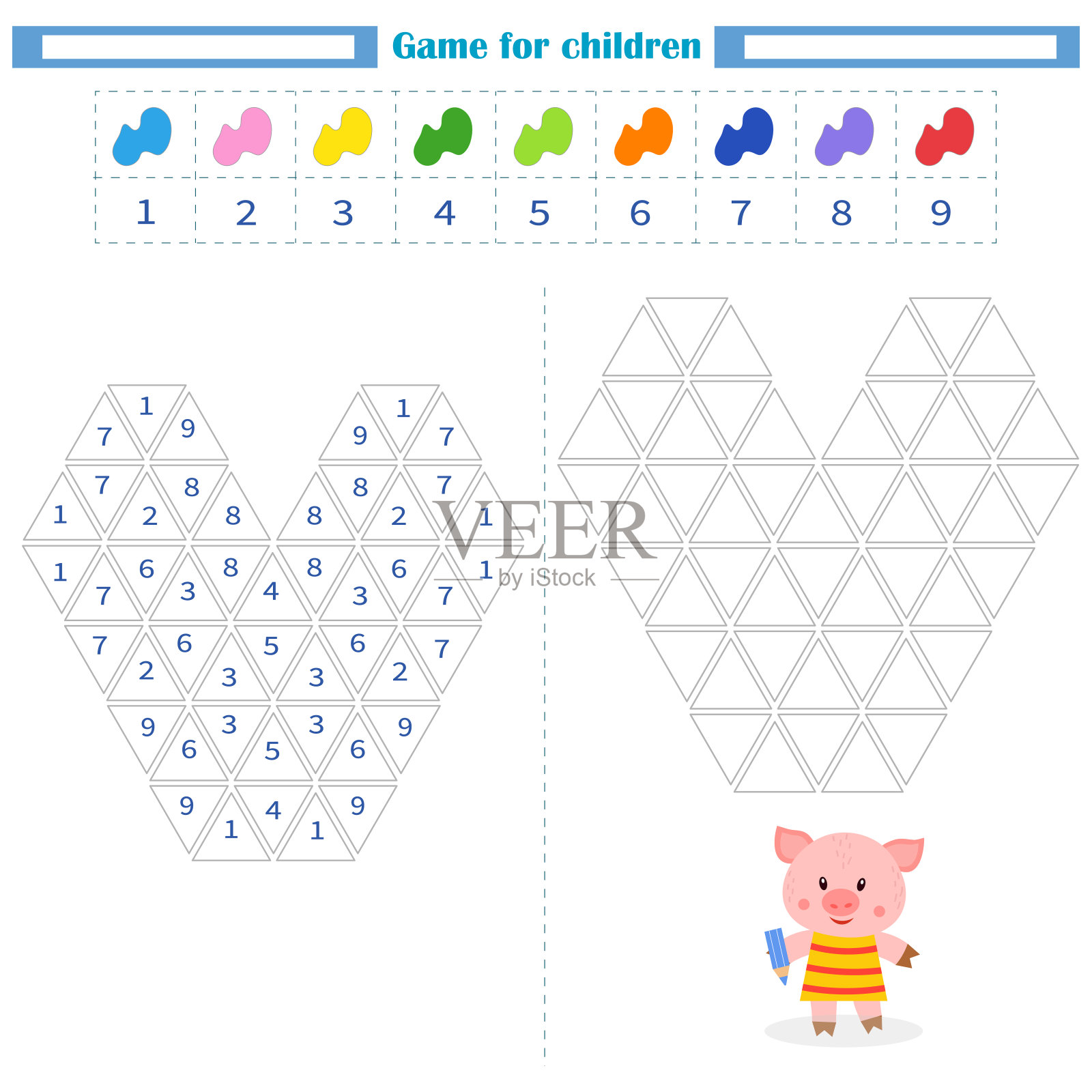 对儿童工作表。用数字和颜色给空的形状上色。发展的关注插画图片素材