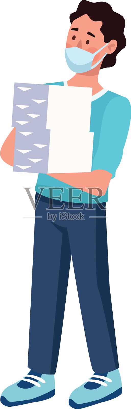 男子戴着医用口罩拿起证件插画图片素材