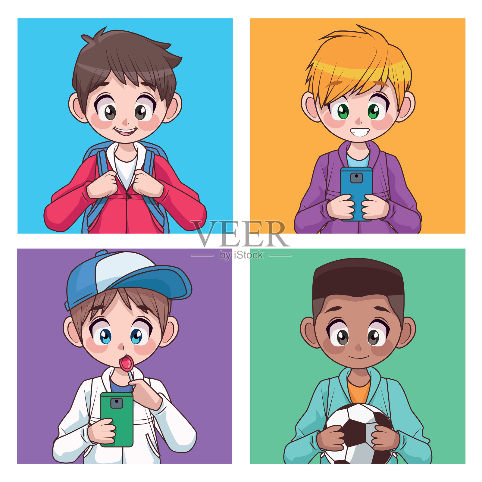 四组跨种族青少年男孩和孩子插画图片素材