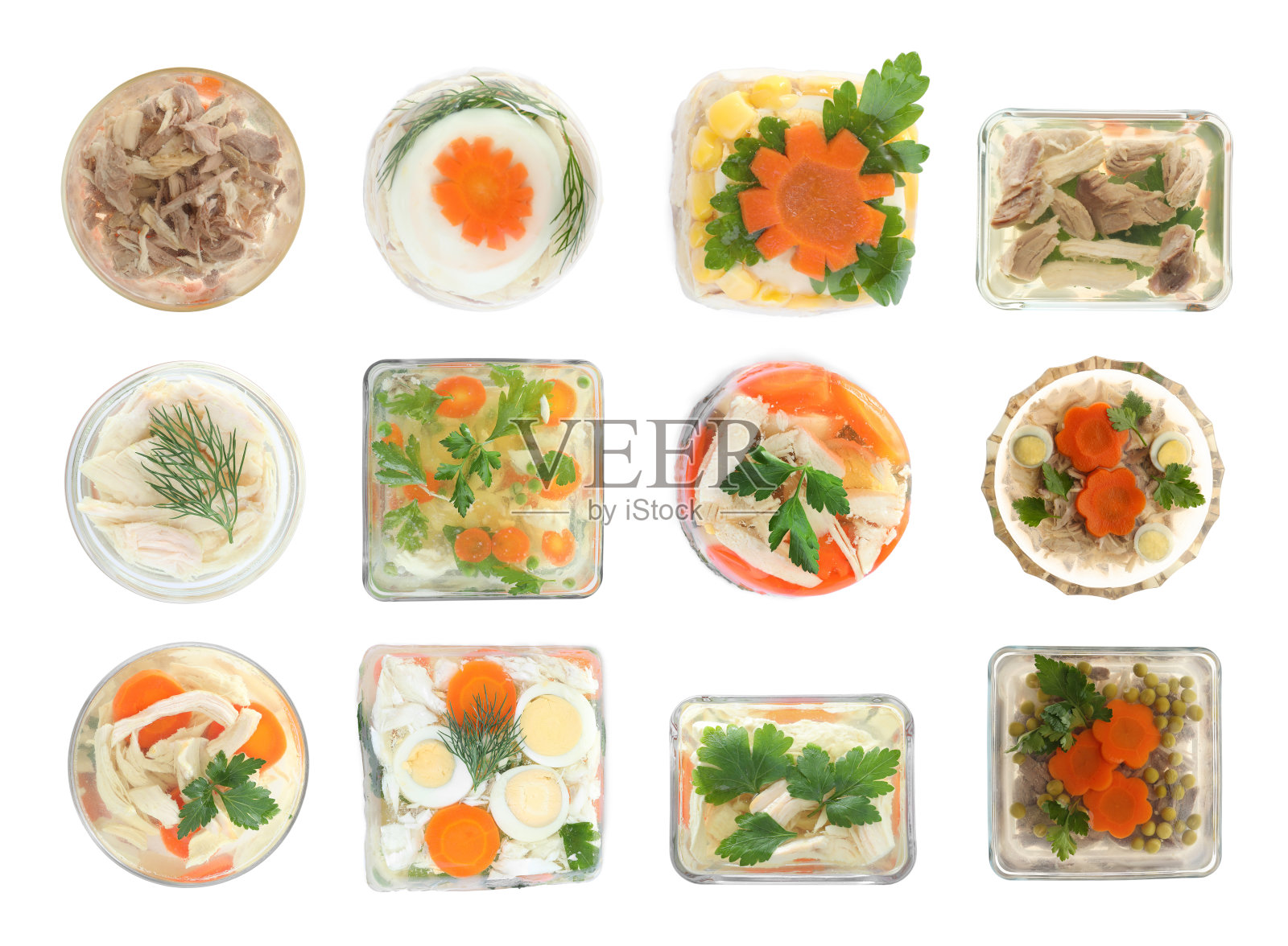 设置不同美味的自制肉冻在白色背景，俯视图照片摄影图片