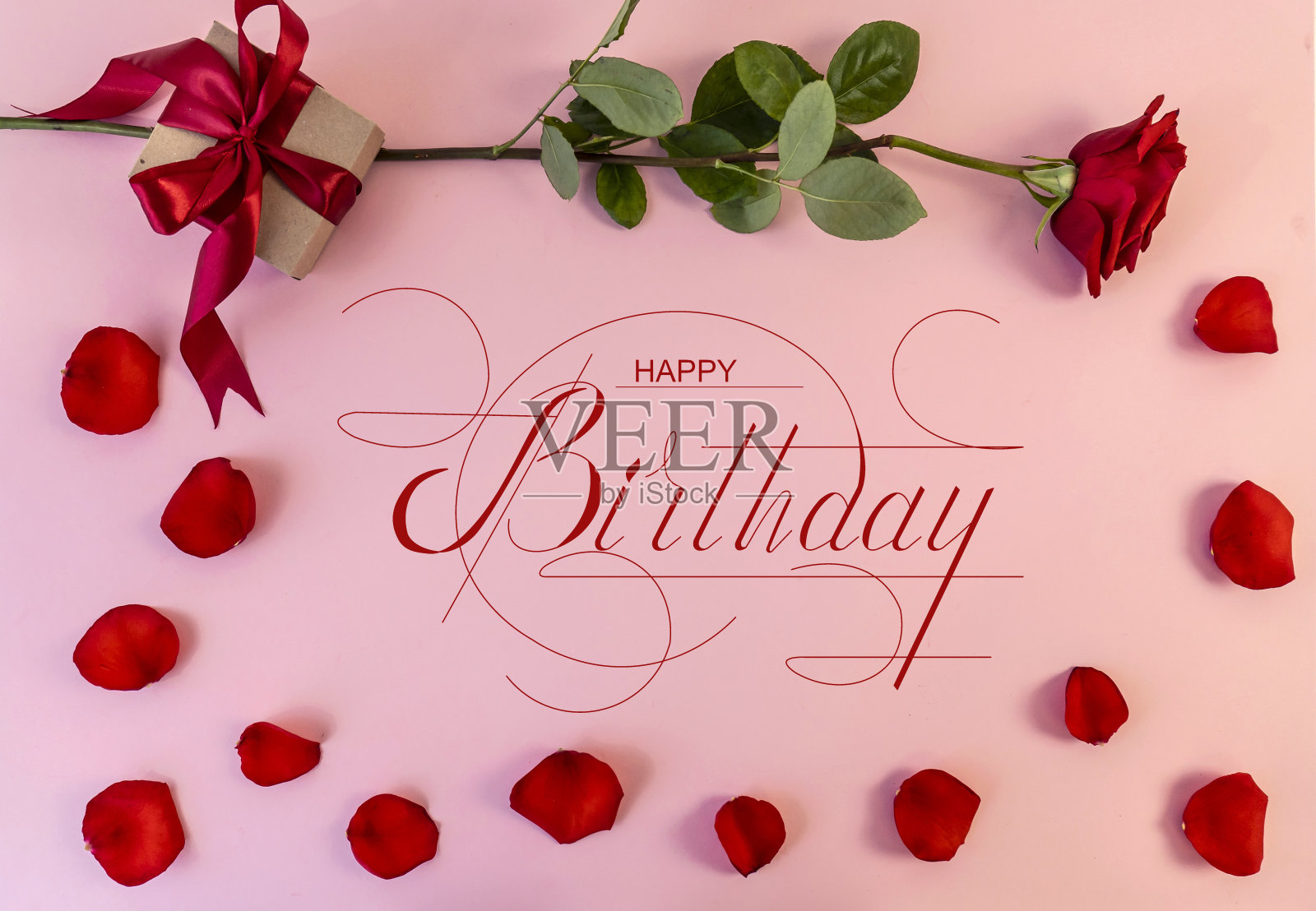 明信片，互联网横幅，平躺着生日问候，与题词-生日快乐与红玫瑰照片摄影图片