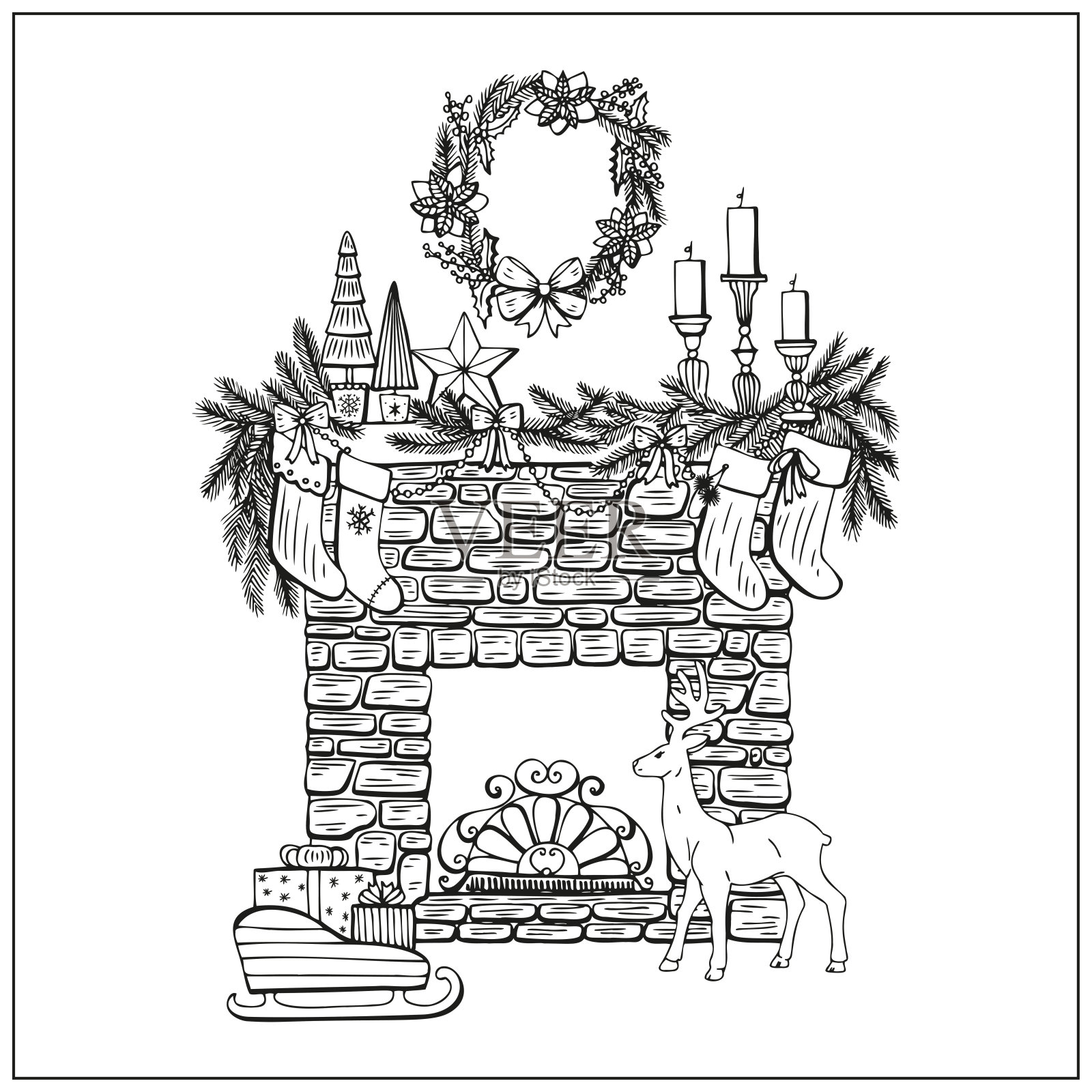 圣诞节装饰壁炉。手绘涂鸦图形。插画图片素材