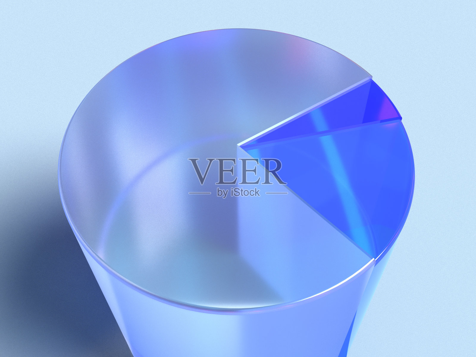 3D渲染饼图与两个突出部分在不同的蓝色阴影在浅蓝色的背景。说明详细的统计数据，公司发展，或管理。说明会计。照片摄影图片