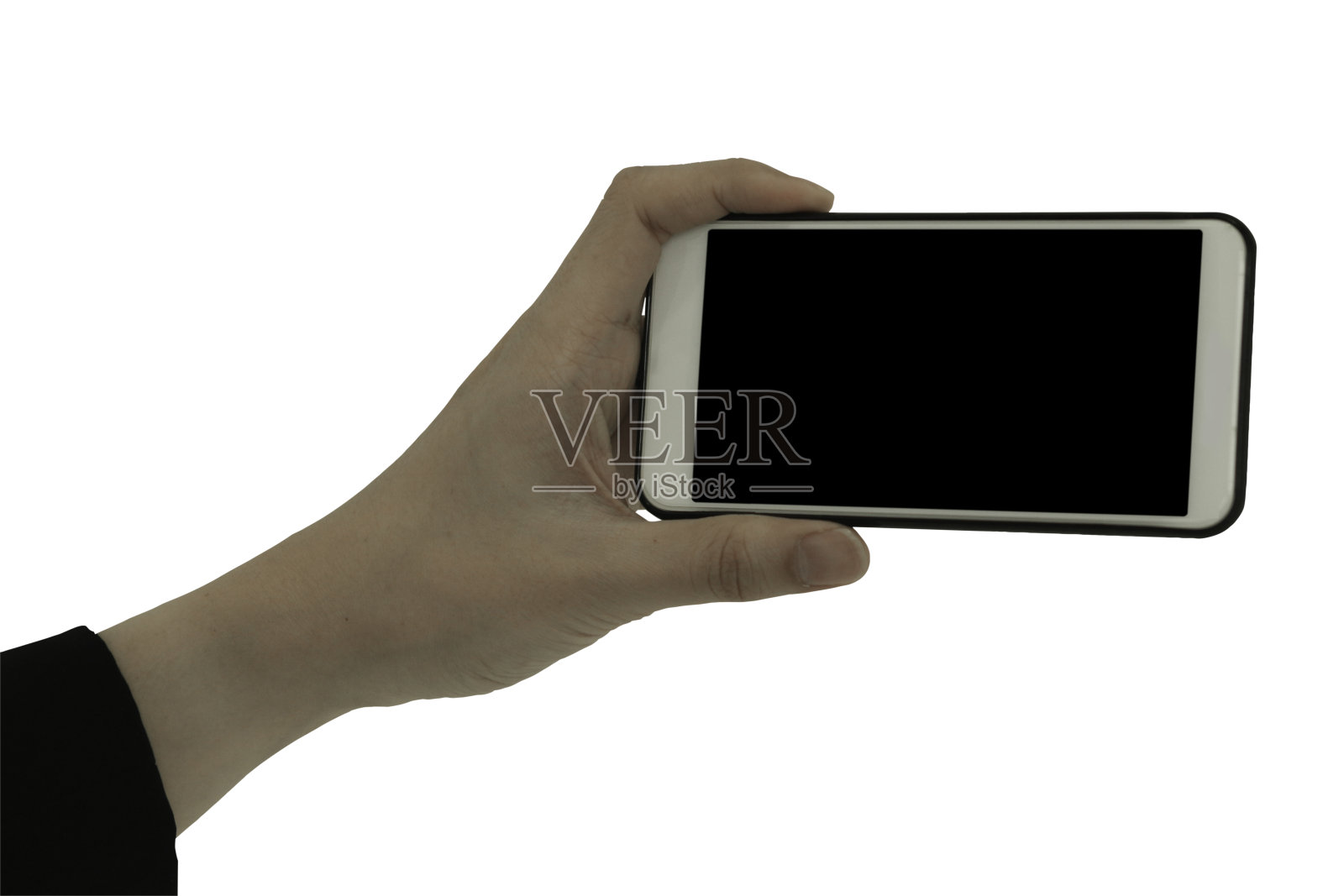 一只手拿着智能手机孤立的白色背景，手机在手与你的文本的复制空间，包括剪切路径。照片摄影图片