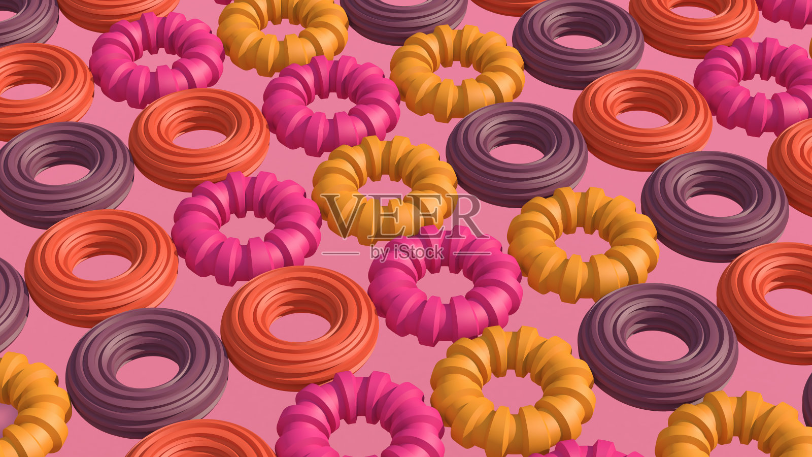 鲜艳多彩的圆形形状。美丽的概念。粉红色的背景。抽象插图，3d渲染。照片摄影图片